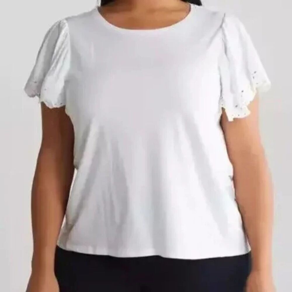 T Tahari Crochet Scalloped Top Size Small‎ White Lace Short Flutter Sleeves NWT